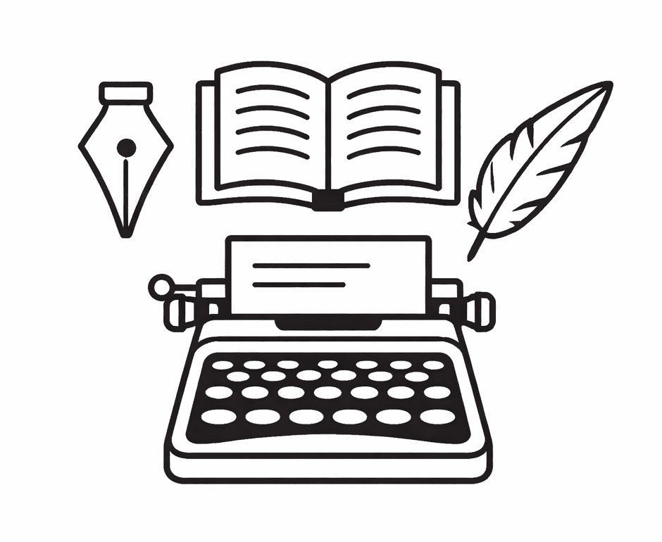 create - book, typewriter, pen and quill