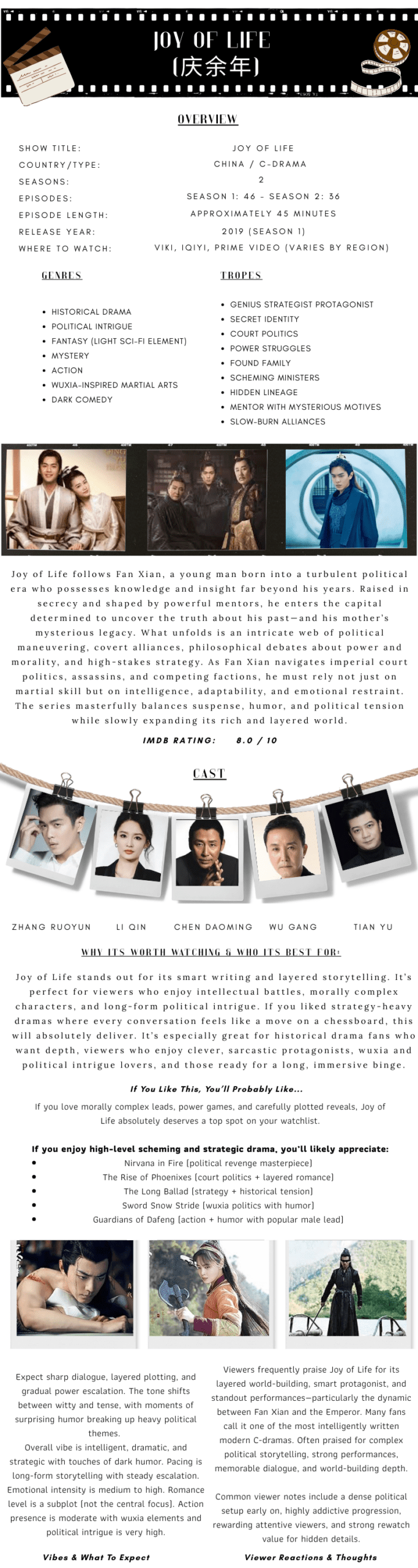 Joy of Life (庆余年)
Overview IntroductionIf you love political chess matches, razor-sharp dialogue, layered world-building, and a hero who survives on pure brainpower and wit, Joy of Life is your next obsession. This wildly popular C-drama blends historical intrigue, philosophical undertones, action, humor, and slow-burn strategy into a drama that feels both epic and surprisingly modern. It’s clever, unpredictable, and endlessly bingeable.Quick Overview (At-a-Glance)Show Title: Joy of Life (庆余年)Country / Type: China / C-Drama (Historical, Political, Fantasy-leaning)Number of Seasons: 2 (Season 1: 2019, Season 2: 2024)Number of Episodes:Season 1: 46Season 2: 36Episode Length: Approximately 45 minutesRelease Year: 2019 (Season 1)Where to Watch (U.S.): Viki, iQIYI, Prime Video (availability may vary by region)IMDb Rating: 8.0 / 10GenresHistoricalPolitical IntrigueFantasy (light sci-fi framing element)MysteryActionWuxia-inspired martial artsDramaDark ComedyTropesGenius strategist protagonistSecret identityCourt politicsPower strugglesFound familyScheming ministersHidden lineageMentor with mysterious motivesSlow-burn alliances“Brains over brute force”Main CastZhang Ruoyun as Fan XianLi Qin as Lin Wan’erChen Daoming as Emperor QingWu Gang as Chen PingpingXiao Zhan as Yan BingyunDetailed (No-Spoiler) SynopsisJoy of Life follows Fan Xian, a young man born into a turbulent political era who possesses knowledge and insight far beyond his years. Raised in secrecy and shaped by powerful mentors, he enters the capital determined to uncover the truth about his past—and his mother’s mysterious legacy.What unfolds is an intricate web of political maneuvering, covert alliances, philosophical debates about power and morality, and high-stakes strategy. As Fan Xian navigates imperial court politics, assassins, and competing factions, he must rely not just on martial skill but on intelligence, adaptability, and emotional restraint. The series masterfully balances suspense, humor, and political tension while slowly expanding its rich and layered world.Why It’s Worth Watching / Who It’s Best ForJoy of Life stands out for its smart writing and layered storytelling. It’s perfect for viewers who enjoy intellectual battles, morally complex characters, and long-form political intrigue. If you liked strategy-heavy dramas where every conversation feels like a move on a chessboard, this will absolutely deliver.It’s especially great for:Historical drama fans who want depthViewers who enjoy clever, sarcastic protagonistsWuxia/political intrigue loversThose ready for a long, immersive bingeVibes & What to ExpectExpect sharp dialogue, layered plotting, and gradual power escalation. The tone shifts between witty and tense, with moments of surprising humor breaking up heavy political themes.Overall Vibe: Intelligent, dramatic, strategic with touches of dark humorPacing: Long-form storytelling with steady escalationEmotional Intensity: Medium to highRomance Level: Subplot (not the central focus)Action Presence: Moderate (strategic action and wuxia elements rather than nonstop combat)Political Intrigue: Very highGeneral Viewer Reactions & ThoughtsViewers frequently praise Joy of Life for its layered world-building, smart protagonist, and standout performances—particularly the dynamic between Fan Xian and the Emperor. Many fans call it one of the most intelligently written modern C-dramas.Often Praised For:Complex political storytellingStrong performancesMemorable dialogueWorld-building depthCommon Viewer Notes:Dense political setup early onBecomes highly addictiveRewards attentive viewersStrong rewatch value for hidden detailsIf You Like This, You’ll Probably Like…If you enjoy high-level scheming and strategic drama, you’ll likely appreciate:Nirvana in Fire (political revenge masterpiece)The Rise of Phoenixes (court politics + layered romance)The Long Ballad (strategy + historical tension)Sword Snow Stride (wuxia politics with humor)If you love morally complex leads, power games, and carefully plotted reveals, Joy of Life absolutely deserves a top spot on your watchlist.